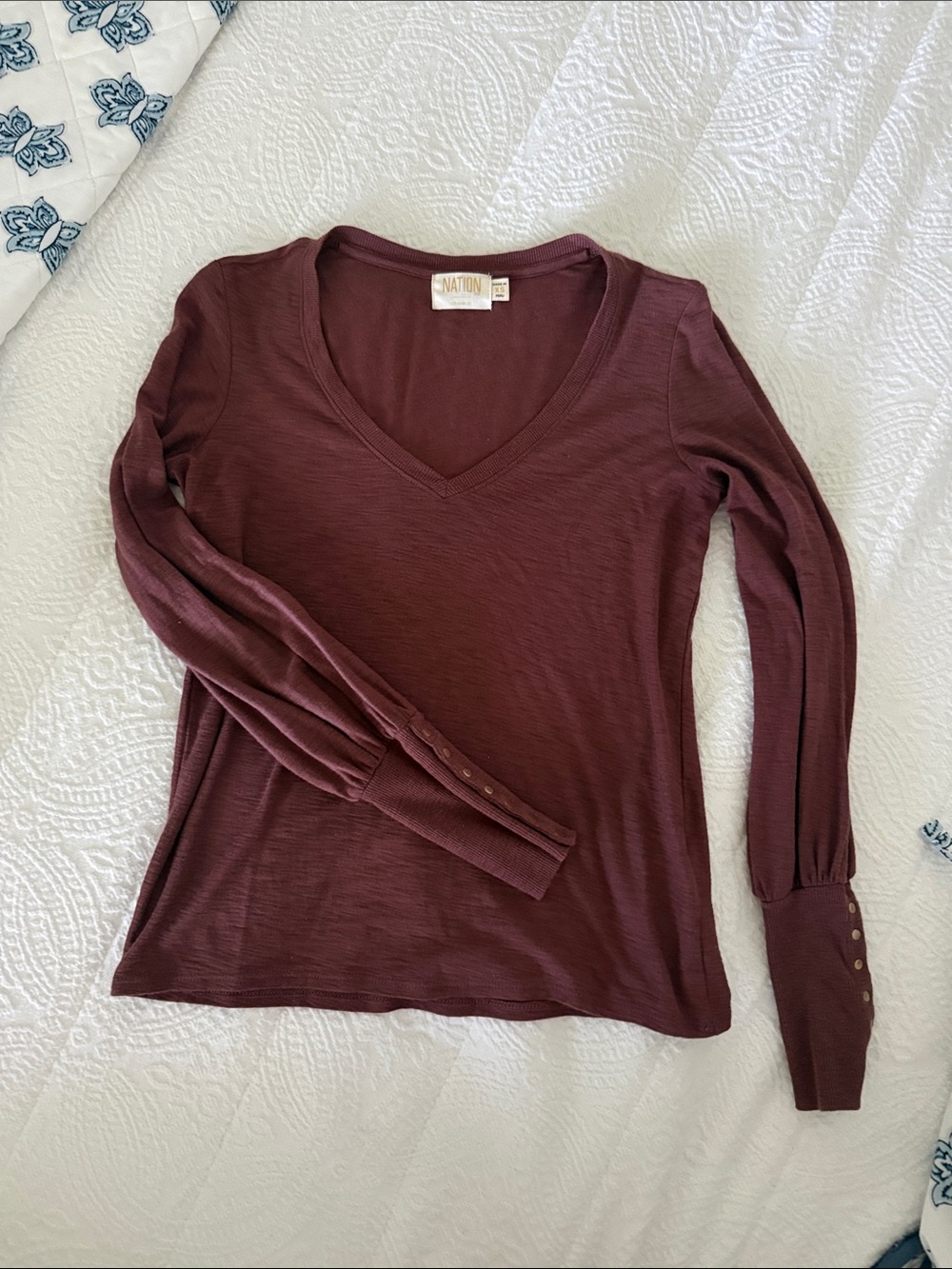 Brown V-Neck Long Sleeve Top
